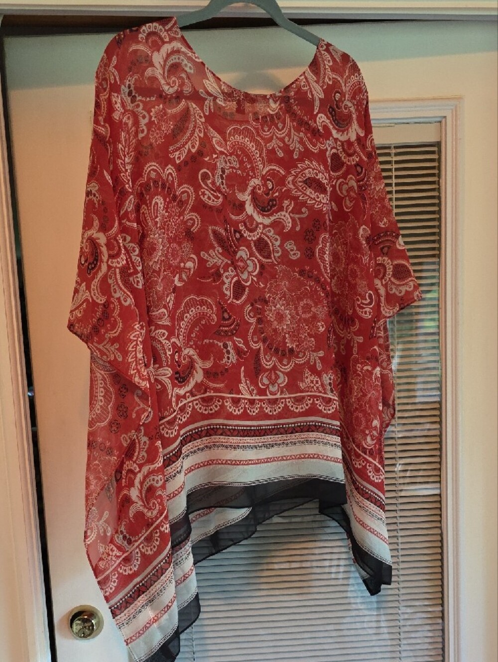 Ann Taylor Red Paisley Sheer Poncho Tunic with Border Hem